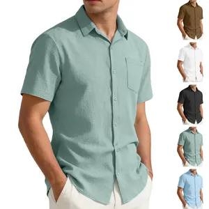 Casual men's short sleeve shirt in various colors showing waffle textured fabric detail