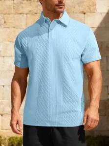 Detailed view of a light blue jacquard knit polo shirt with intricate fabric texture.