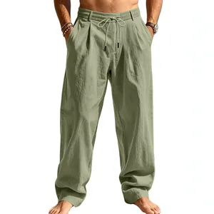 Men's loose straight-leg linen cotton pants with elastic drawstring waist in sage green