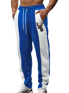 Men's quick-dry joggers in blue and white color block with deer embroidery