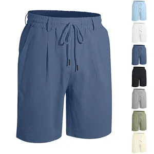 Detail view of men's casual cotton linen shorts with drawstring waist and color options.