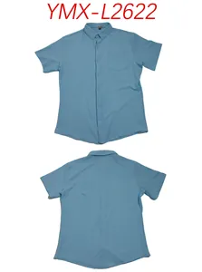 Detailed front and back views of a men's light blue short sleeve button down shirt