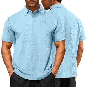 Front and back views of a light blue textured jacquard knit Polo shirt for men.