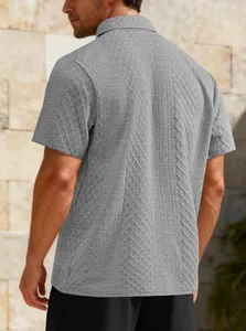 Back view detail of gray men's jacquard short sleeve polo shirt with textured fabric