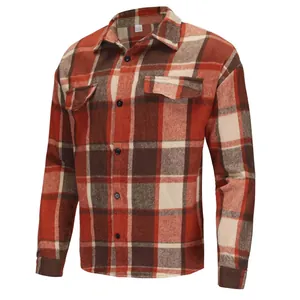 Camicia di flanella a quadri arancione classica a manica lunga da uomo con tasche