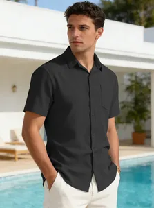 Detailed view of black textured short sleeve men's shirt for summer business casual look