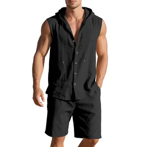 Herren Leinen-Set mit Kapuze, ärmelloses Hemd und Shorts, locker und atmungsaktiv für den Sommer.