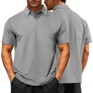 Detailed view showing front and back of grey textured jacquard men's polo shirt