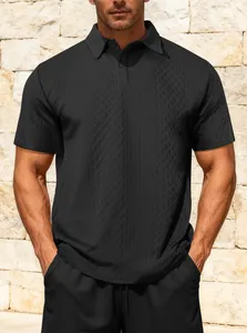 Detailed view of the textured jacquard pattern on a black short-sleeved casual Polo shirt