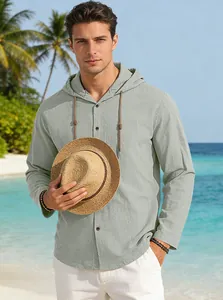 Camicia casual da uomo a maniche lunghe con cappuccio in lino verde chiaro da mare