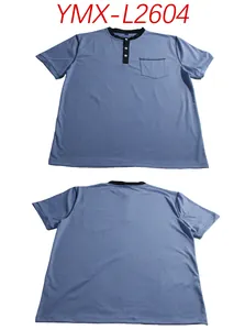 Front and back detail views of men's blue short sleeve polo shirt with buttons and pocket