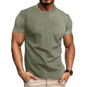 Men's slim fit sage green short sleeve textured T-shirt for casual sports and running