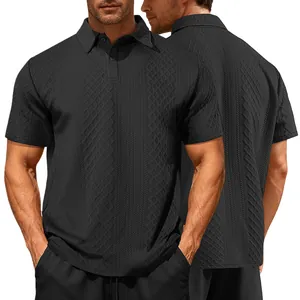 Front and back view of men's black short-sleeved polo shirt with textured jacquard