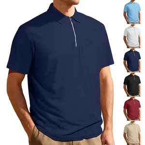 Close-up of men's polo shirt showing zipper placket and textured jacquard fabric details