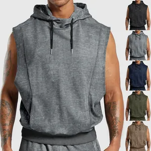 Detailed macro view of men's casual sleeveless hoodie vest available in multiple colors