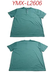 Front and back view of a men's teal green Henley collar t-shirt featuring a chest pocket