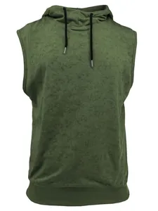 Detailed view of men's sleeveless olive green hoodie with drawstring and subtle texture.