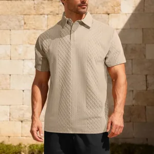 Men's textured jacquard beige polo shirt with short sleeves for casual outdoor wear