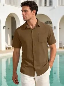 Detail view of brown waffle texture men's short sleeve lapel button-down shirt