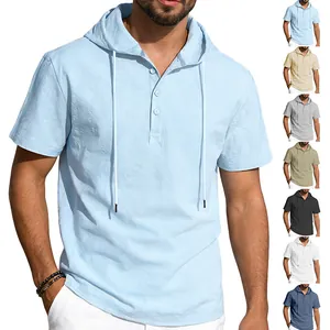 Men's casual short sleeve hooded cotton linen shirt with multi-color options display