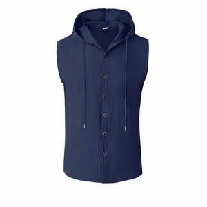 Men Sleeveless Hooded Vest Linen Blend Casual Loose Summer Top Button Down Breathable Solid Color Fashion Clothing