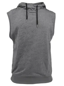 Detailed view of grey sleeveless hoodie vest with adjustable drawstrings and textured fabric
