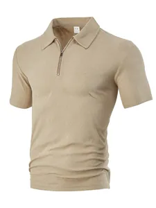 Detail view of men's polo shirt showing zipper placket and textured jacquard fabric.