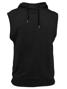 Detail view of men's black sleeveless drawstring hoodie vest with subtle textured fabric