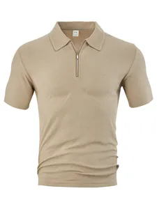 Macro view of textured towel jacquard fabric and zipper detail on men's Polo shirt