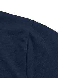 Close-up detail of navy blue breathable Henley shirt showing shoulder seam and fabric texture