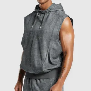 Detailed shot of men's charcoal acid wash sleeveless hoodie with black drawstrings