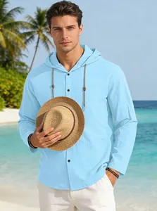 Camicia casual da uomo azzurra con cappuccio a maniche lunghe in cotone testurizzato