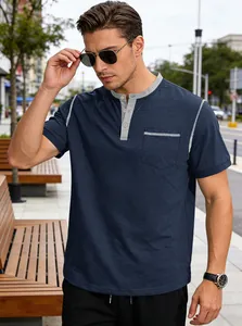 Casual navy blue short-sleeve Henley shirt with grey button placket and pocket detail