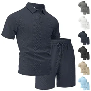 Detailed view of men's textured jacquard polo shirt and shorts set in multiple colors