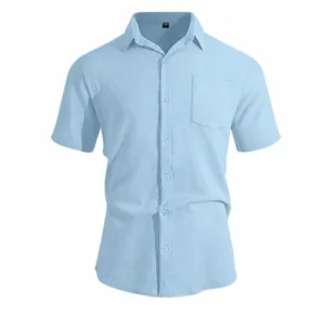 Men Waffle Knit Short Sleeve Shirt Lapel Button Down Solid Color Summer Business Casual Top Polo Shirt With Chest Pocket