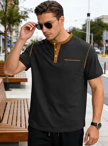 Detail view of men's dark grey Henley polo shirt with contrast collar and pocket