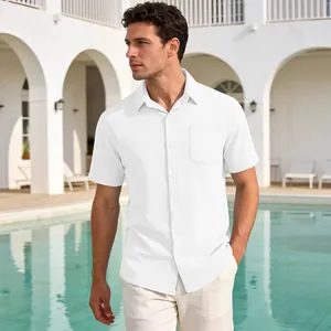 Premium men's white short sleeve button-down casual shirt with chest pocket and lapel collar