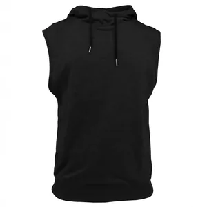 Premium men's loose sleeveless hooded vest with drawstring in solid black casual style