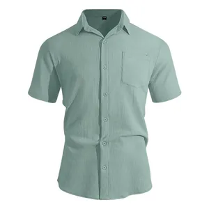 Men's light green short-sleeve casual shirt with waffle texture and chest pocket