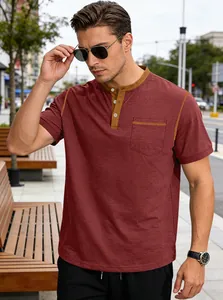Close-up detail of a burgundy Henley shirt for men with pocket and button placket