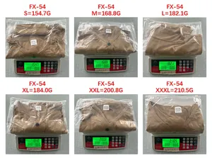 Weight measurements for various sizes of men's V-neck breathable T-shirt on a scale