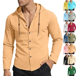 Camicia da Uomo Casual a Manica Lunga con Cappuccio 100% Cotone Traspirante Tinta Unita Camicia con Bottoni e Coulisse per Vacanza Mare