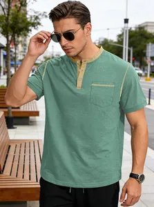 Men's casual sage green short-sleeved Henley shirt with contrast khaki button placket trim
