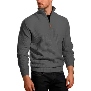 Felpa grigia casual da uomo con zip a metà e elegante trama a costine jacquard