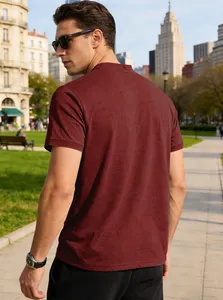 Back view detail of a men's burgundy short sleeve breathable Henley polo shirt