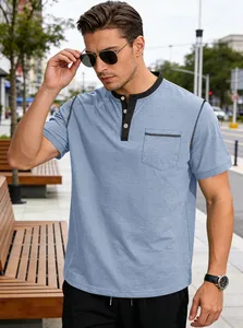 Men's casual blue Henley shirt featuring button placket and chest pocket detail.