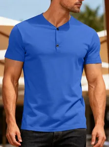 Detailed view of breathable men's blue solid color Henley neck short sleeve shirt
