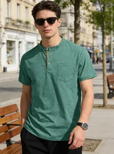 Casual men's green short-sleeved Henley shirt with front pocket for summer wear