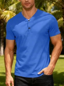 Classic royal blue V-neck henley T-shirt for men, breathable and lightweight slim fit.