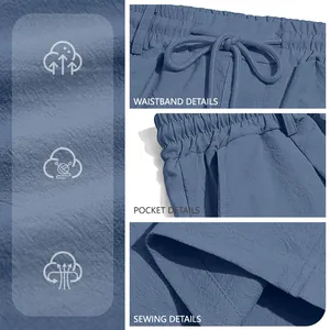 Visual details of men's blue breathable cotton linen casual beach shorts for summer wear